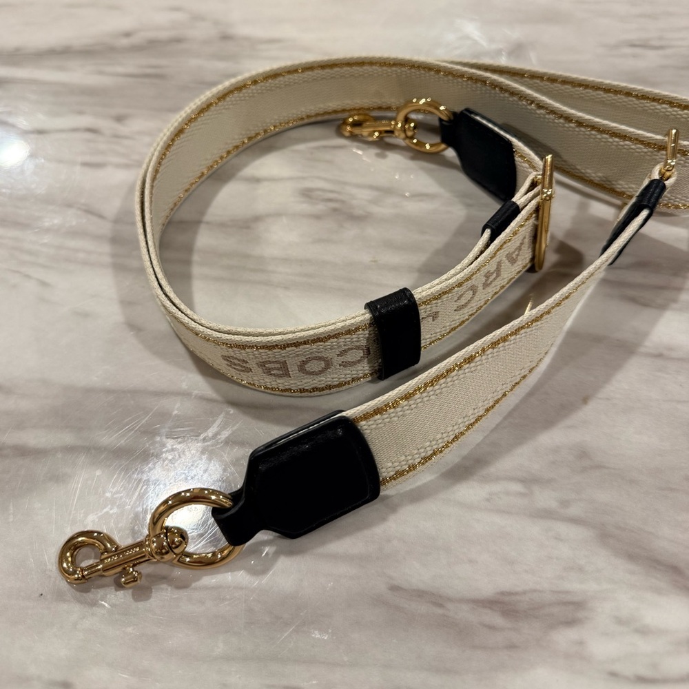 Adjustable Cream Jacquard Logo Shoulder Strap with Gold Hardware
